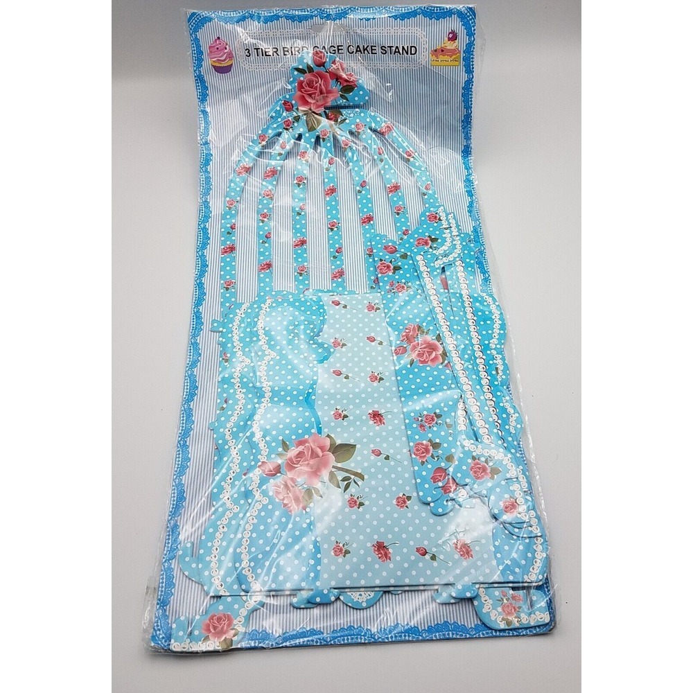 3 Tier Blue with Rose Birdcage Cardboard Cupcake Stand Floral Print Party Events